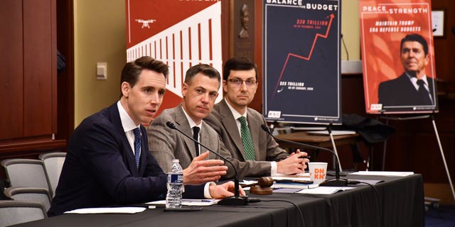 Sen. Josh Hawley, R-Mo., speaks to members of the Republican Study Committee (RSC) on Capitol Hill on March 30, 2022.