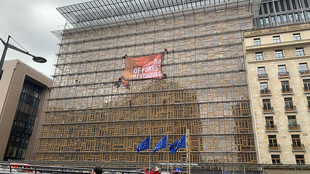 Greenpeace activists scale EU building in protest at deforestation