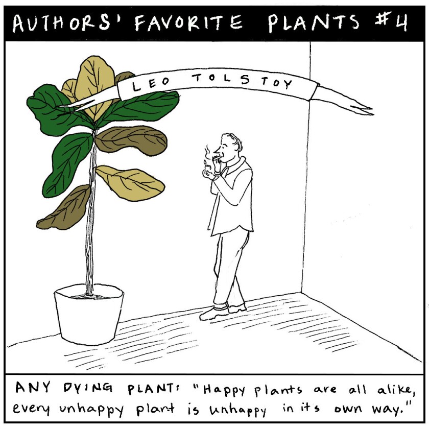 An illustration of a person standing next to a giant potted plant.
