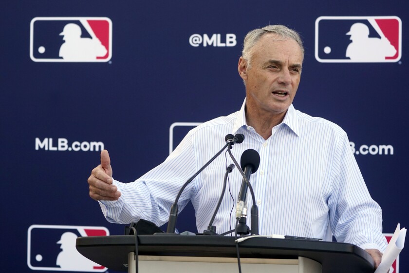 MLB Commissioner Rob Manfred speaks at a news conference on Tuesday.