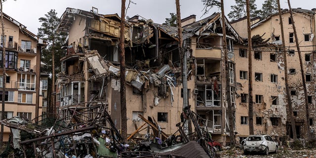 Destroyed buildings are seen on March 03, 2022, in Irpin, Ukraine.