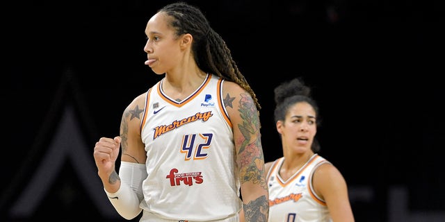 Phoenix Mercury center Brittney Griner (42) reacts after a basket against the Las Vegas Aces during the second half of Game 2 in the semifinals of the WNBA playoffs Thursday, Sept. 30, 2021, in Las Vegas.