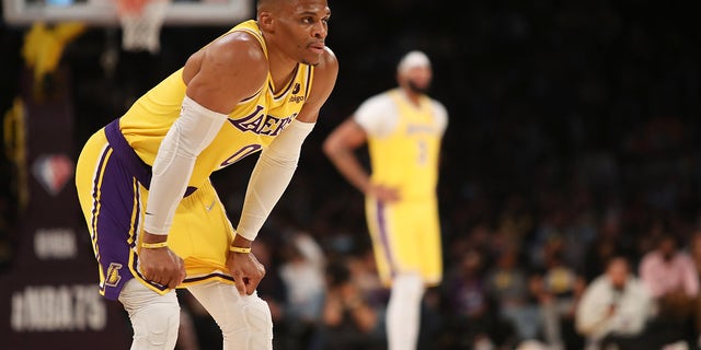 Los Angeles Lakers guard Russell Westbrook (0) during a game against the Golden State Warriors at Staples Center Oct 12, 2021, in Los Angeles.