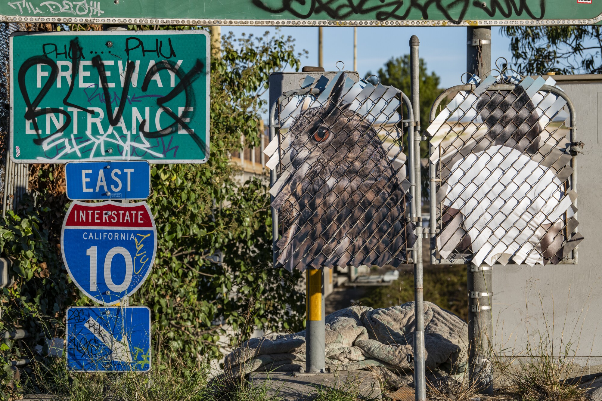 Portraits of a great horned owl and a person at an entrance to the eastbound 10 freeway.