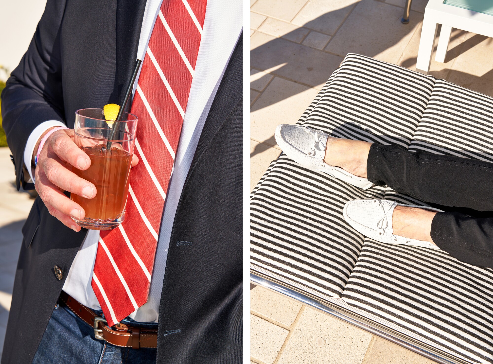 A split photograph with a man holding a glass, left, a woman's legs with white shoes, right.