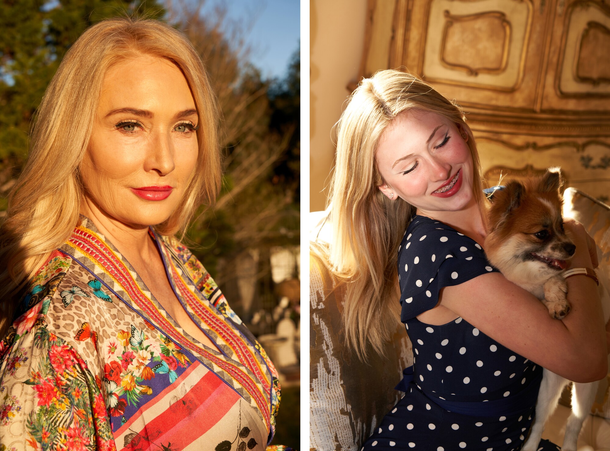 In a split photograph, two women are seen posing for a portrait.