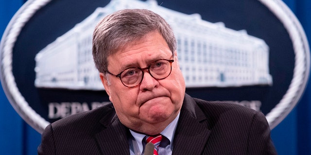 Attorney General William Barr at a news conference at the Department of Justice in Washington, Dec. 21, 2020. 