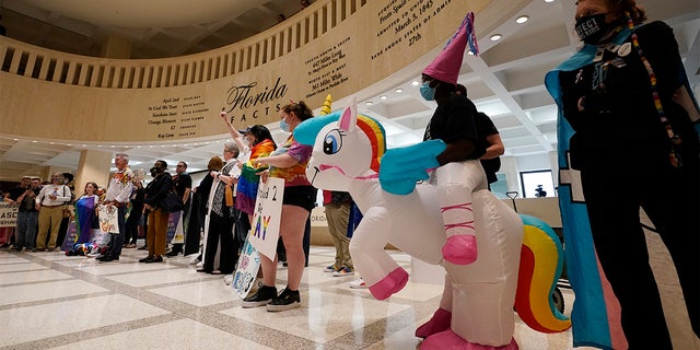 Demonstrators protest inside the Florida State Capitol, Monday, March 7, 2022, in Tallahassee, Fla. 