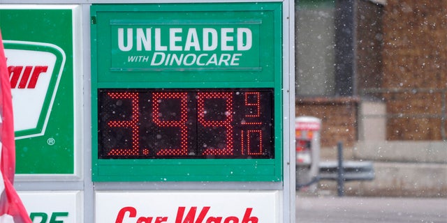 Price for a gallon of regular-grade gasoline is shown on a digital sign at a service station Wednesday, March 9, 2022, in Denver.