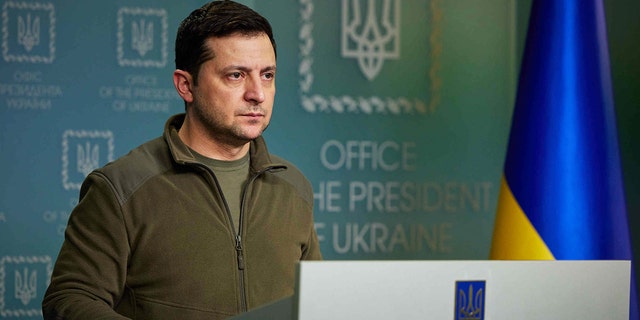 KYIV, UKRAINE - FEBRUARY 25: (EDITORIAL USE ONLY  MANDATORY CREDIT - "PRESIDENCY OF UKRAINE/ HANDOUT" - NO MARKETING, NO ADVERTISING CAMPAIGNS - DISTRIBUTED AS A SERVICE TO CLIENTS)  Ukraine's President Volodymyr Zelenskyy holds a press conference on Russia's military operation in Ukraine, on February 25, 2022 in Kyiv.
