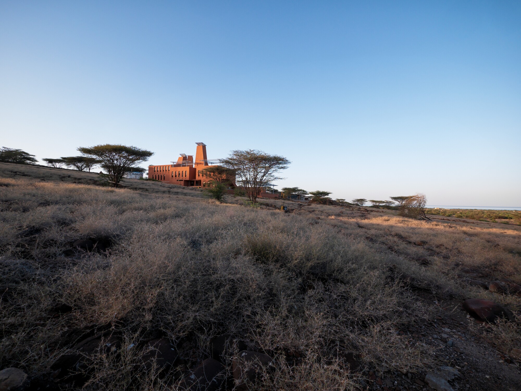 A clay brick building with geometric clay towers rises above a savannah.