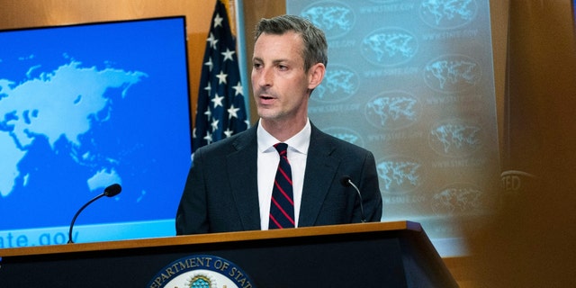 U.S. State Department spokesman Ned Price speaks during a news conference.