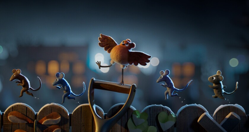 Four mice and a bird in a scene from Dan Ojari and Mikey Please's "Robin Robin." 