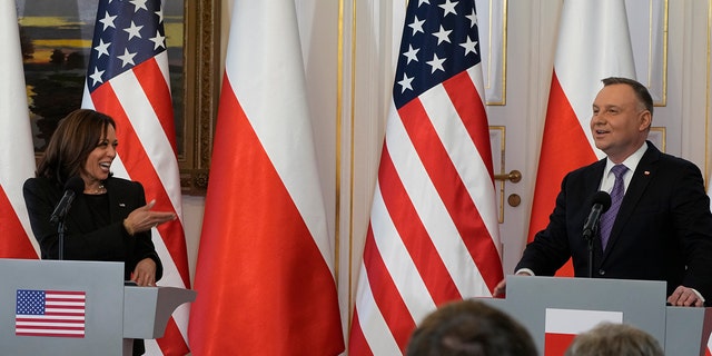 US Vice President Kamala Harris speaks during a joint press conference with Poland's President Andrzej Duda on the occasion of their meeting at Belwelder Palace, in Warsaw, Poland, Thursday, March 10, 2022.