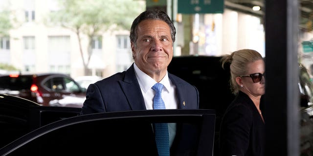 New York Gov. Andrew Cuomo prepares to depart by helicopter after announcing his resignation in Manhattan on Aug. 10, 2021.