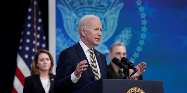 U.S. President Joe Biden speaks about assistance the U.S. government is providing to Ukraine amid Russia's invasion of the neighboring country, in the Eisenhower Office Building's South Court Auditorium at the White House in Washington, U.S., March 16, 2022. 