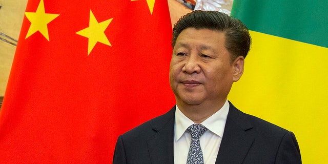 Chinese President Xi Jinping stands in front of the national flags of China and the Republic of Congo during a meeting with visiting Congolese dignitaries at the Great Hall of the People in Beijing, China, Tuesday, July 5, 2016.