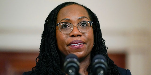 Judge Ketanji Brown Jackson speaks after President Biden announced Jackson as his nominee to the Supreme Court in the Cross Hall of the White House Feb. 25, 2022.