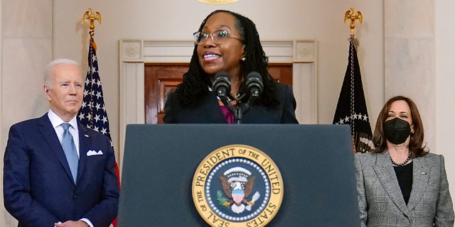 Judge Ketanji Brown Jackson speaks after President Joe Biden announced Jackson as his nominee to the Supreme Court in the Cross Hall of the White House, Friday, Feb. 25, 2022, in Washington.