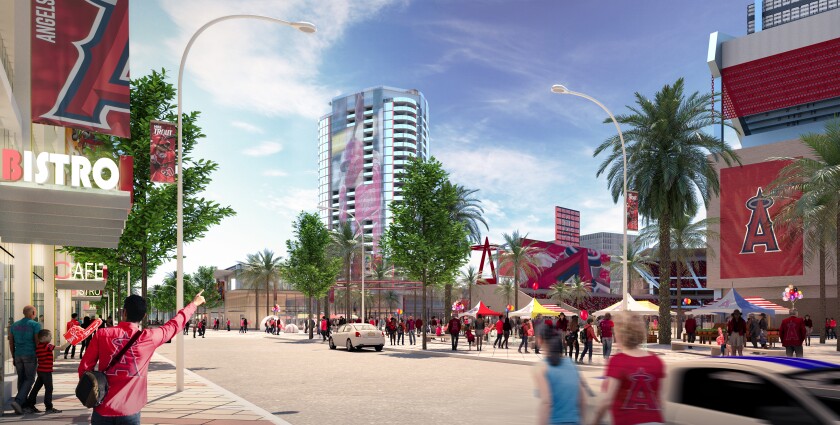 A rendering of a street lined with cafes.