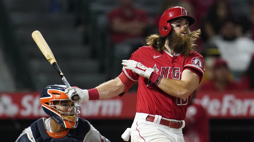 Angels' Brandon Marsh bats during a game.