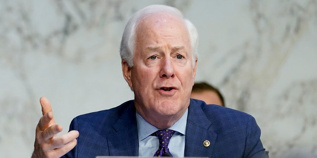 Sen. John Cornyn, R-Texas, questions Supreme Court nominee Ketanji Brown Jackson during a Senate Judiciary Committee confirmation hearing on Capitol Hill in Washington, Tuesday, March 22, 2022. 