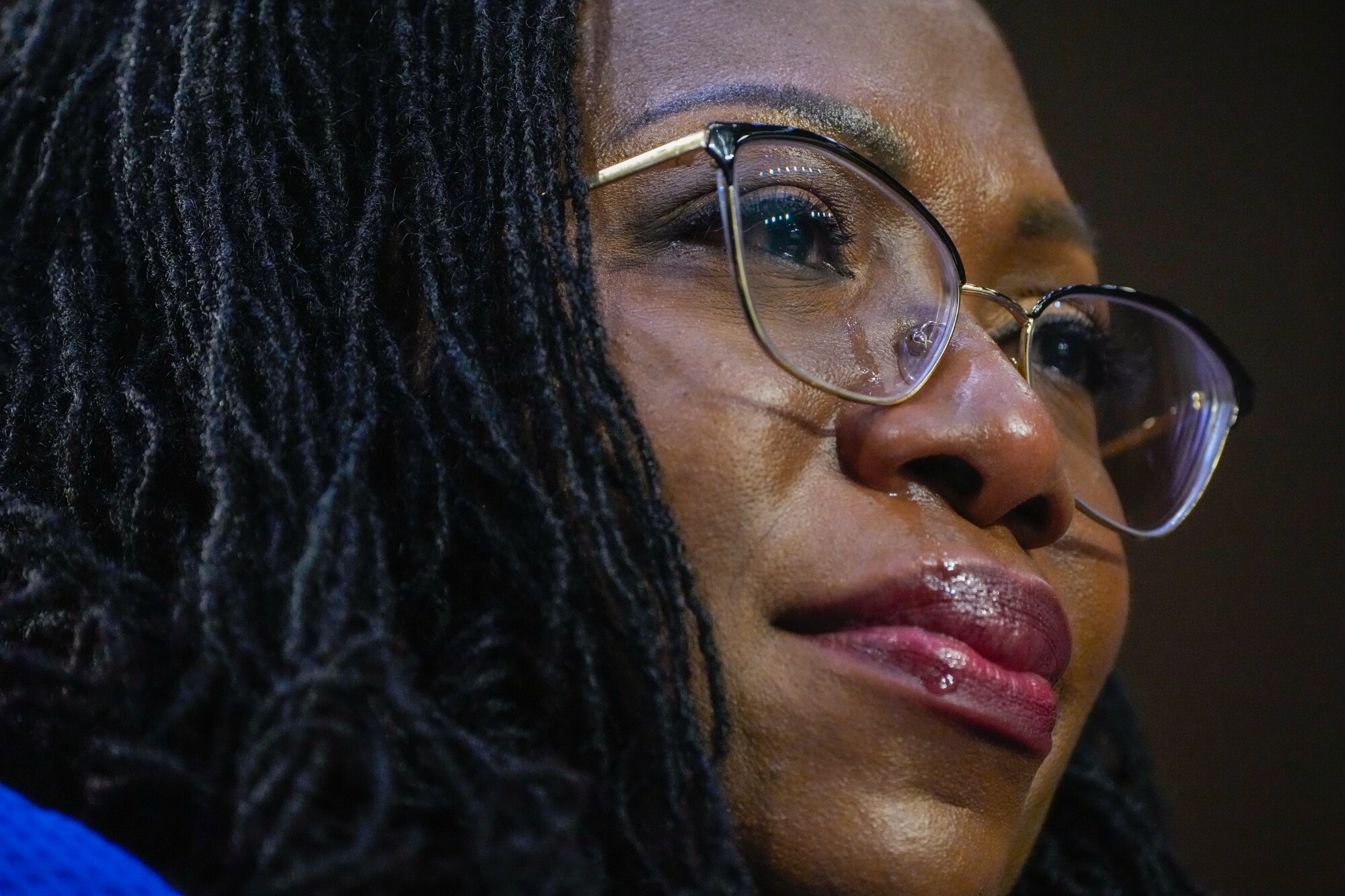 Judge Ketanji Brown Jackson tears up during Cory Booker’s speech at her confirmation hearing.