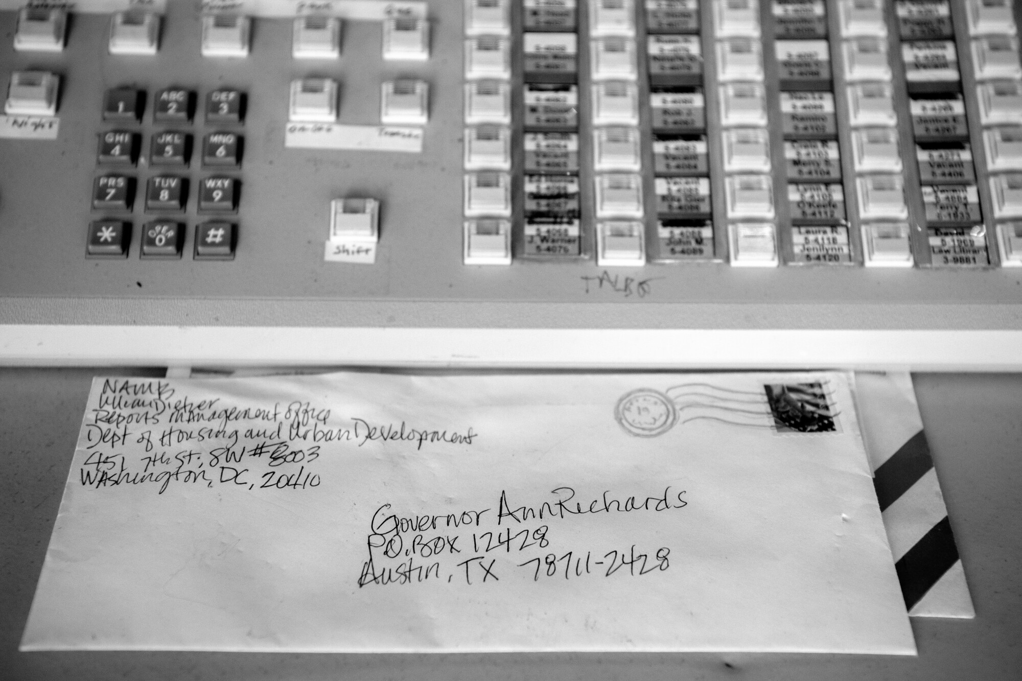 A prop letter addressed to Gov. Ann Richards rests on a table in a rehearsal room.