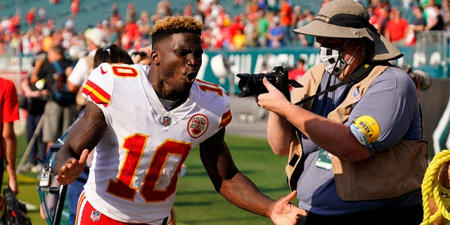 Kansas City Chiefs wide receiver Tyreek Hill reacts after an NFL football game against the Philadelphia Eagles on Sunday, Oct. 3, 2021, in Philadelphia.