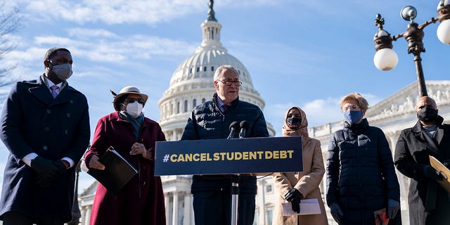 Senate Majority Leader Chuck Schumer (D-NY) speaks during a press conference about student debt outside the U.S. Capitol on February 4, 2021, in Washington, DC. 