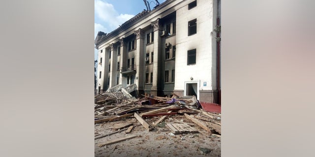 The drama theater, damaged after shelling, in Mariupol, Ukraine, March 17, 2022