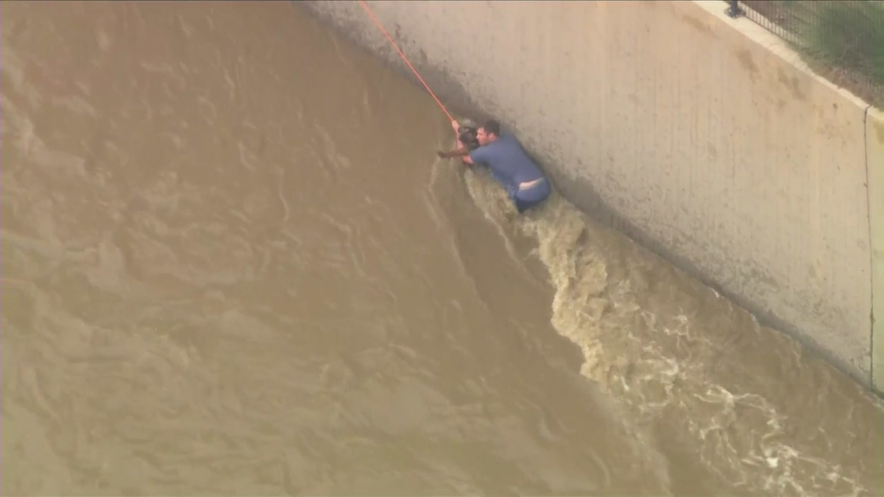 Crews work to rescue dog from L.A. River after saving woman