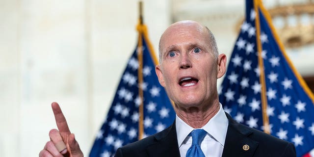 Sen. Rick Scott, R-Fla., speaks during a news conference about inflation on Capitol Hill on May 26, 2021, in Washington, D.C.