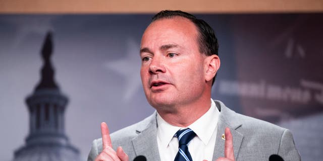 Sen. Mike Lee, R-Utah, speaks during the news conference in the Capitol on Tuesday, July 20, 2021, to announce legislation which would require the president to consult with congressional leaders and obtain congressional authorization before exercising certain national security powers.