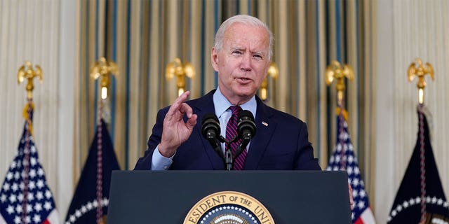 President Joe Biden delivers remarks during a White House event.
