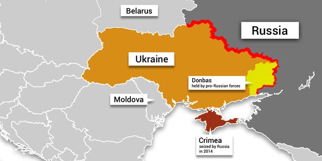 Map depicting Ukraine, Russia, Crimea, the Donbas region held by pro-Russian forces, and nearby countries. Ian Jopson, Fox Digital