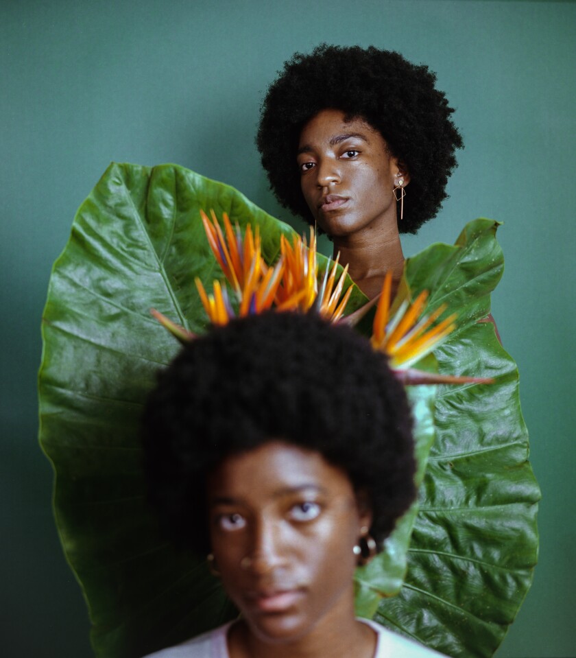 Two subjects pose for a portrait with birds of paradise.