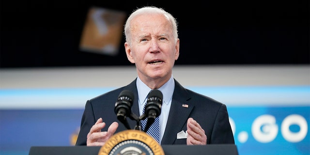 President Biden speaks about status of the country's fight against COVID-19 in the South Court Auditorium on the White House campus, Wednesday, March 30, 2022, in Washington. (AP Photo/Patrick Semansky)