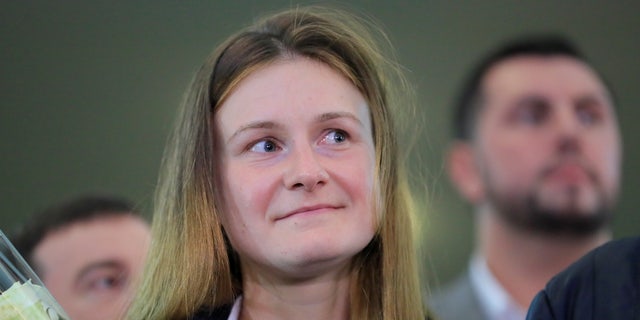 Convicted Russian agent Maria Butina, who was released from a Florida prison and then deported by U.S. immigration officials, meets with journalists upon her arrival at Sheremetyevo International Airport outside Moscow, Russia October 26, 2019. 