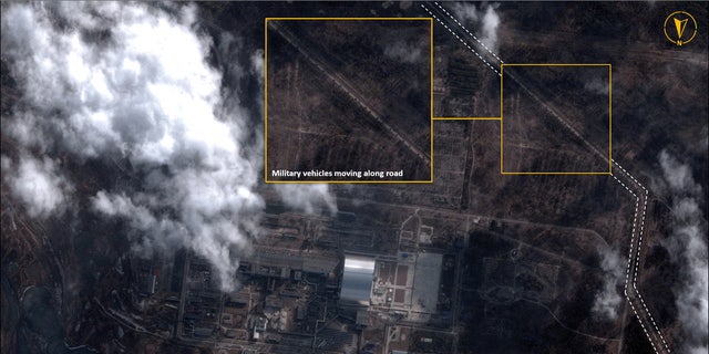 A satellite image with overlaid graphics shows military vehicles alongside Chernobyl Nuclear Power Plant, in Chernobyl, Ukraine February 25, 2022. Picture taken February 25, 2022.