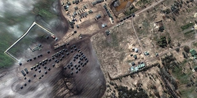 A satellite image shows ground forces equipment and a convoy, in Khilchikha, Belarus February 28, 2022. 