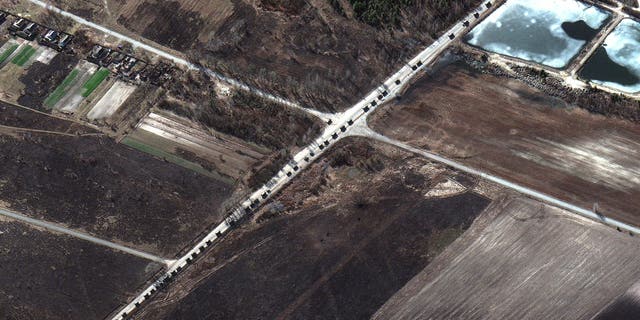 A satellite image shows a military convoy near Invankiv, Ukraine February 28, 2022. Satellite image 2022 