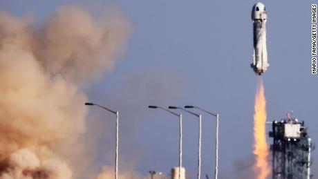 Blue Origin&#39;s New Shepard lifts off from the launch pad carrying 90-year-old Star Trek actor William Shatner and three other civilians on October 13, 2021 near Van Horn, Texas. 