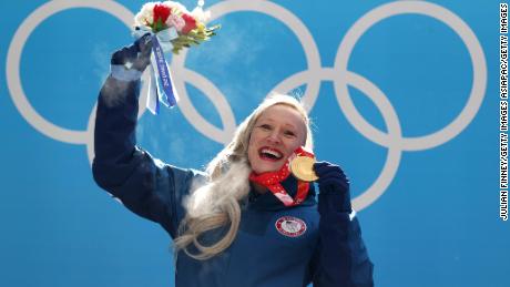 There&#39;s nothing quite like that gold medal winning feeling ... Humphries poses during the women&#39;s monobob bobsled medal ceremony on day 10 of Beijing 2022 Winter Olympic Games.