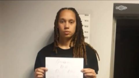 Russia's main state-owned news channel, Russia 24, reported this photo was taken of Brittney Griner at a Russian police station holding a sign with her name on it.