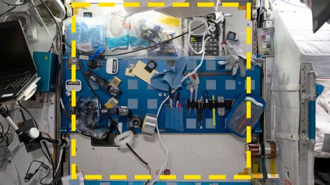 The dotted yellow line outlines a sample location for the Sampling Quadrangle Assemblages Research Experiment, part of the starboard workstation in the NASA Node 2 module (Harmony) on the International Space Station, photographed January 15.