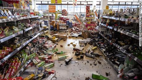 A supermarket littered with merchandise in Shiroishi, Miyagi prefecture, Japan, on March 17.