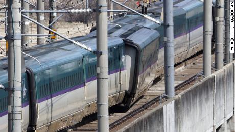 A bullet train that derailed while traveling through Japan&#39;s Miyagi prefecture on March 17.