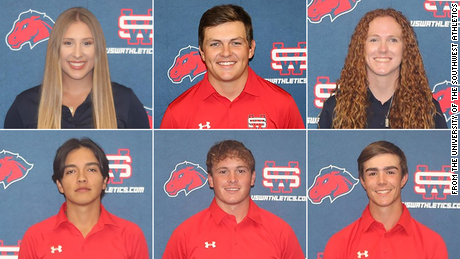 The six USW student athletes killed in a crash Tuesday were identified as (top row, left to right) Laci Stone, Jackson Zinn, Karisa Raines, (bottom row, left to right) Mauricio Sanchez, Travis Garcia and Tiago Sousa. 