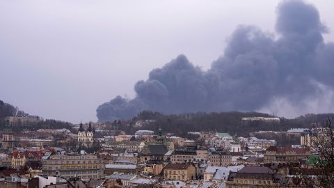 Smoke rises in the air in Lviv, western Ukraine on Saturday.